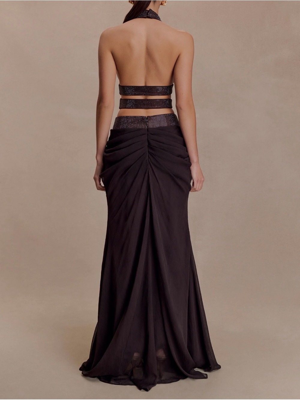 MESHKI - Siren Satin And Diamante Maxi Skirt - Dark Chocolate (skirt only) XL - Picture 3 of 9